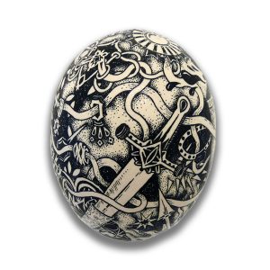Claire Fanjul Posca ink on ostrich egg Game of Sword