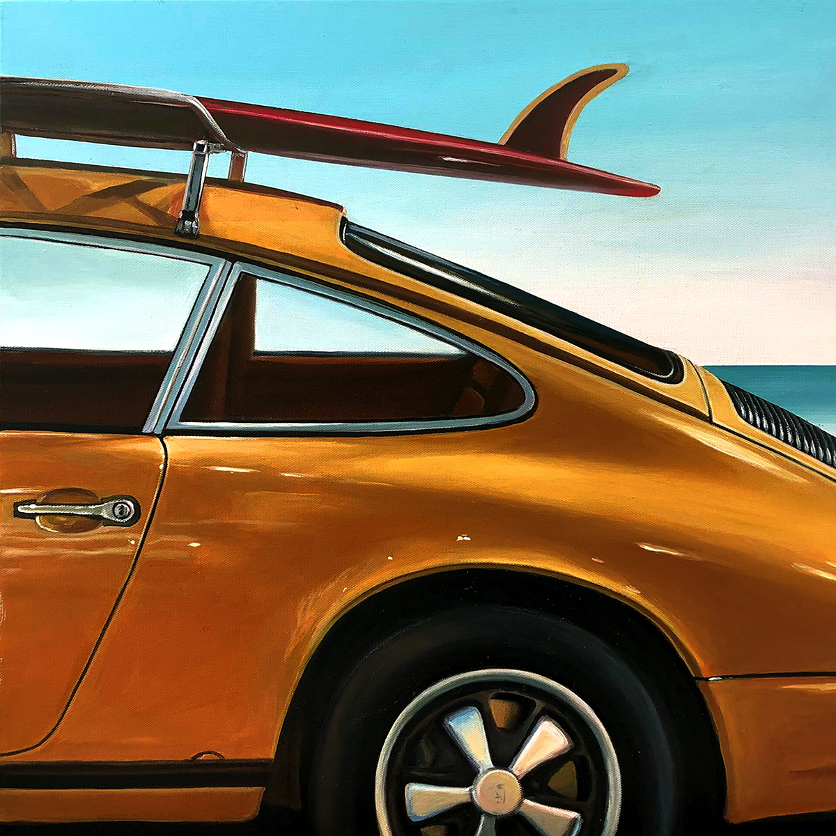 Fabriano Porsche 911 jaune avec surf Huile et acrylique sur toile